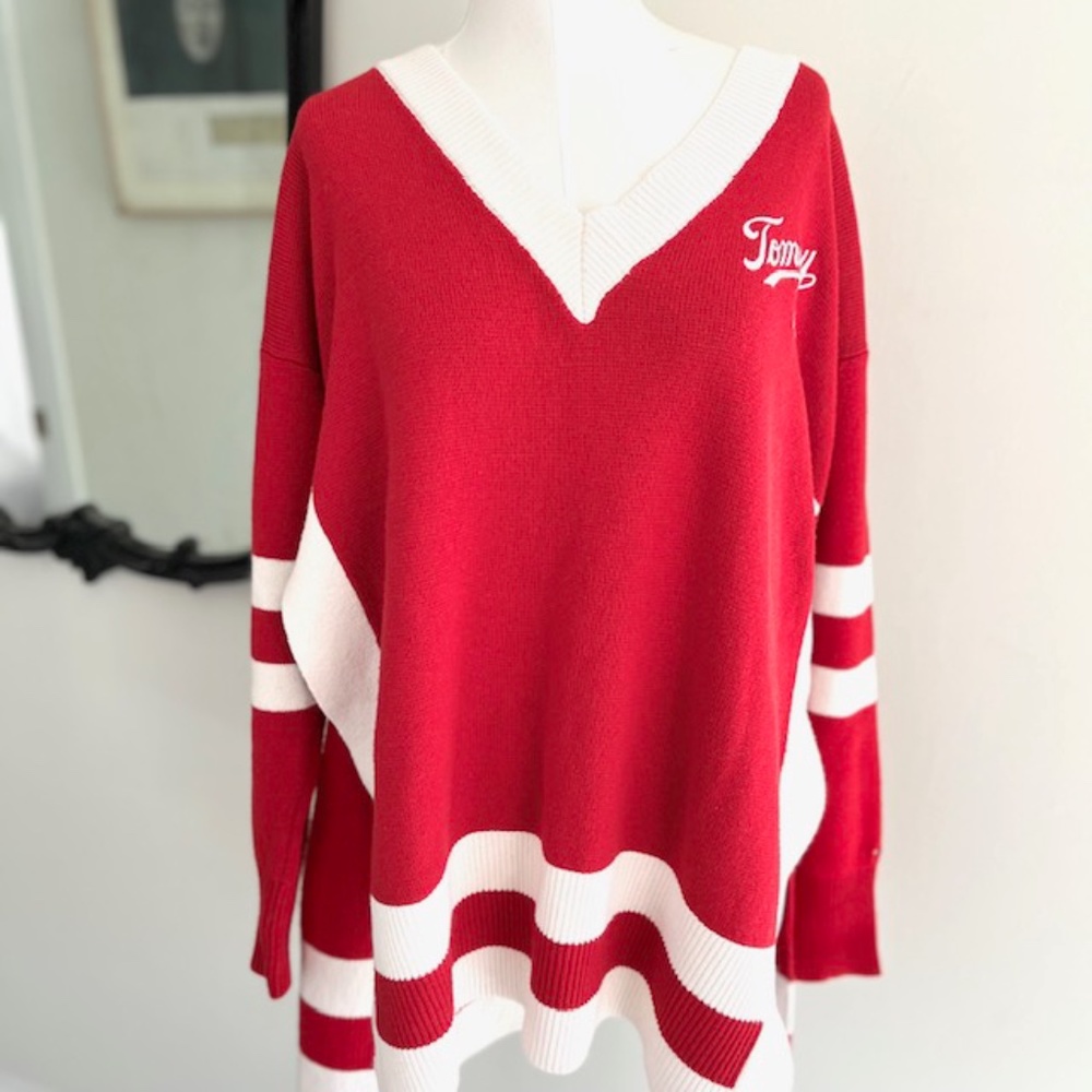 Tommy Jeans Varsity Red V-Neck Sweater Large